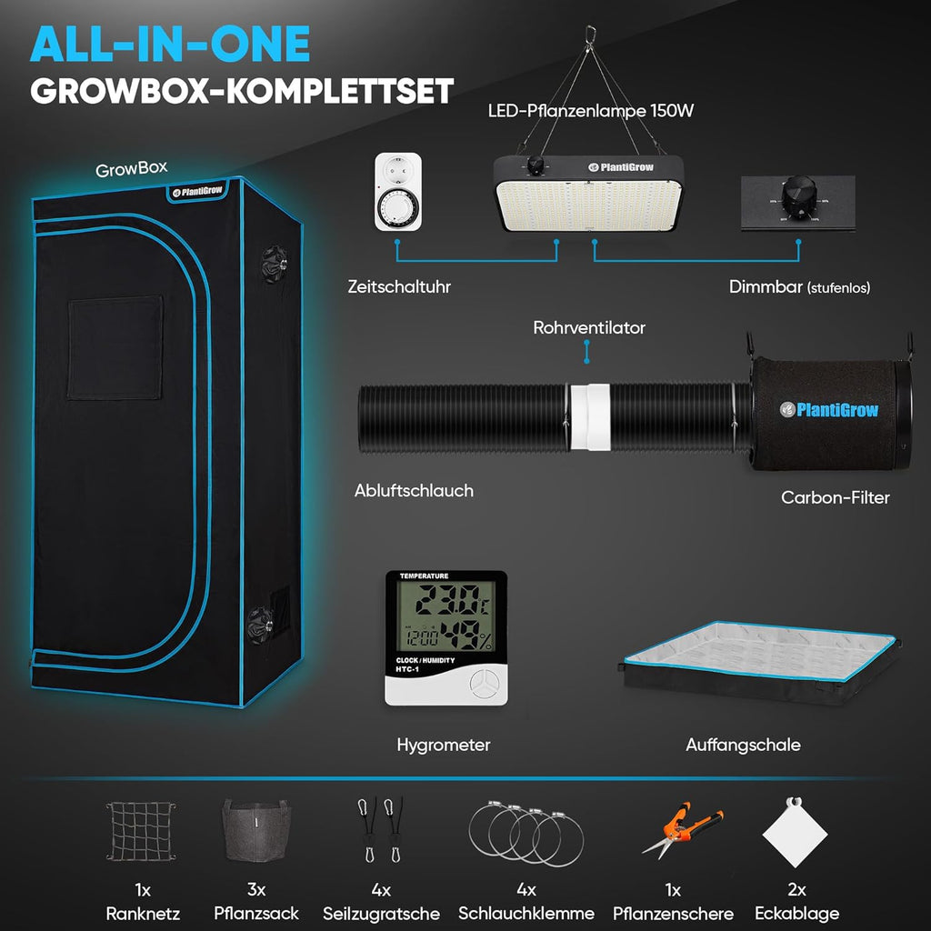 Kit de cultivo completo – Invernadero interior con lámpara LED de espectro completo de 150W (regulable), 1680D, filtro de carbón, extractor de aire en línea, tubo de extracción (80x80x180cm)