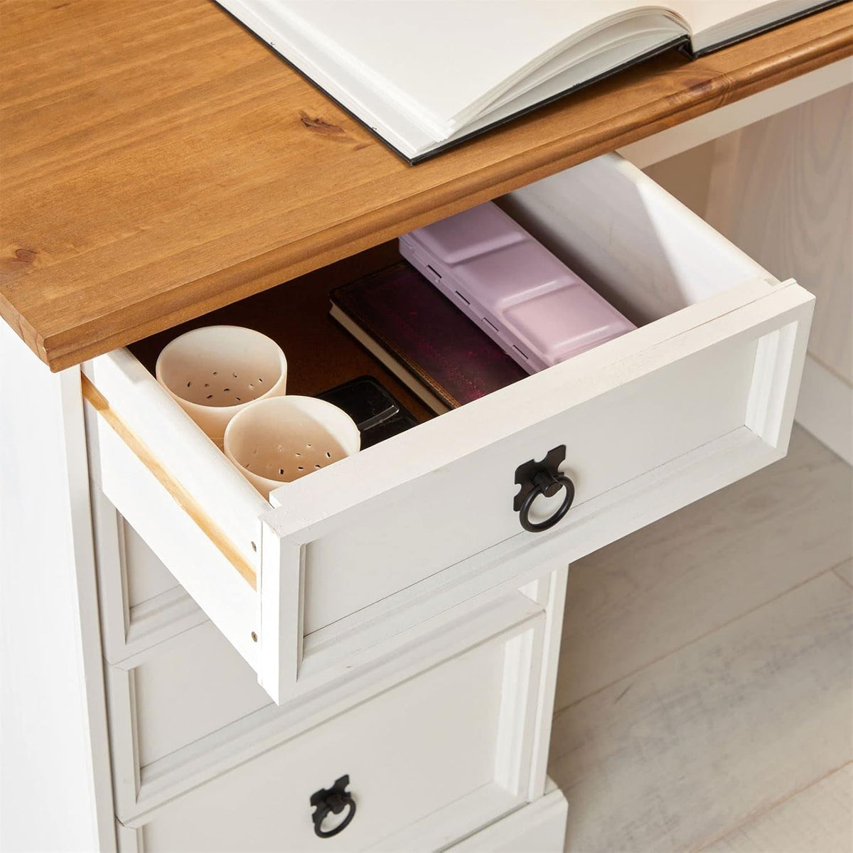 Escritorio Campo de estilo rústico, elegante mesa de madera maciza de pino, mesa de oficina con cajones