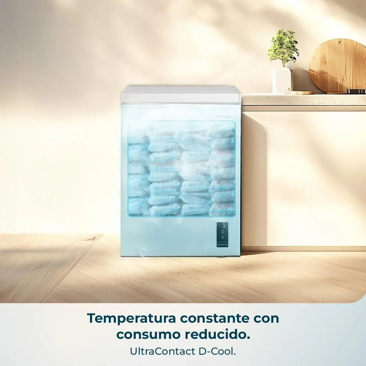 Congelador Horizontal Cecotec 143L Bolero CoolMarket Chest 143P Blanco E. Cesta con asas, control electrónico LED, UltraContact D-Cool, función dual, puerta ZeroG (80º-30º), congelación rápida, compacto