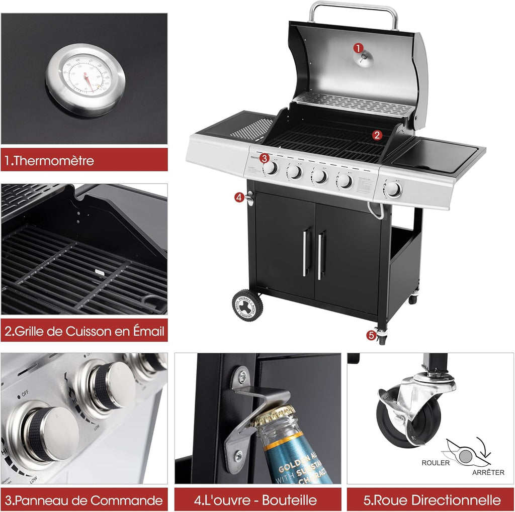 Barbacoa de gas Royal Gourmet de 4+1 quemadores de acero inoxidable, parrilla de gas de 14,5 kW con estantes y termómetro, 2 ruedas direccionales, 2 puertas, adecuada para jardín y exterior, negra