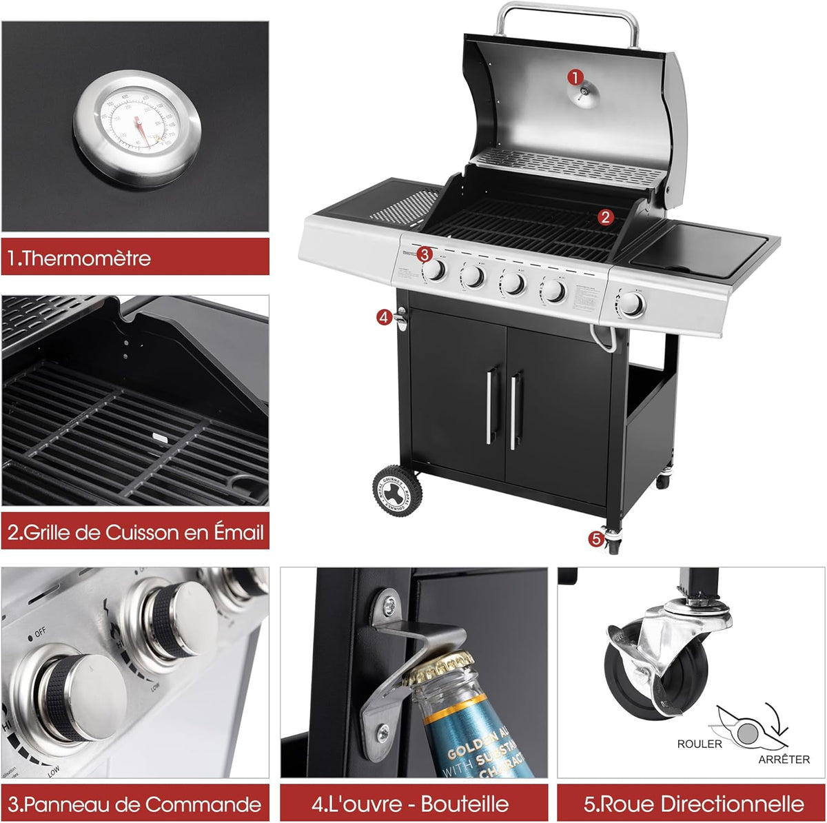 Barbacoa de gas Royal Gourmet de 4+1 quemadores de acero inoxidable, parrilla de gas de 14,5 kW con estantes y termómetro, 2 ruedas direccionales, 2 puertas, adecuada para jardín y exterior, negra