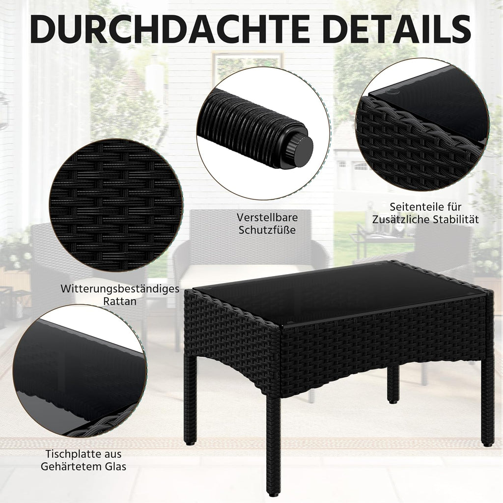 Yaheetech Set de muebles de jardín de 4 piezas, conjunto de muebles de balcón de poliratán para exterior con sofá de 2 plazas, 2 sillas, mesa y cojines para terraza/balcón/jardín, negro y gris