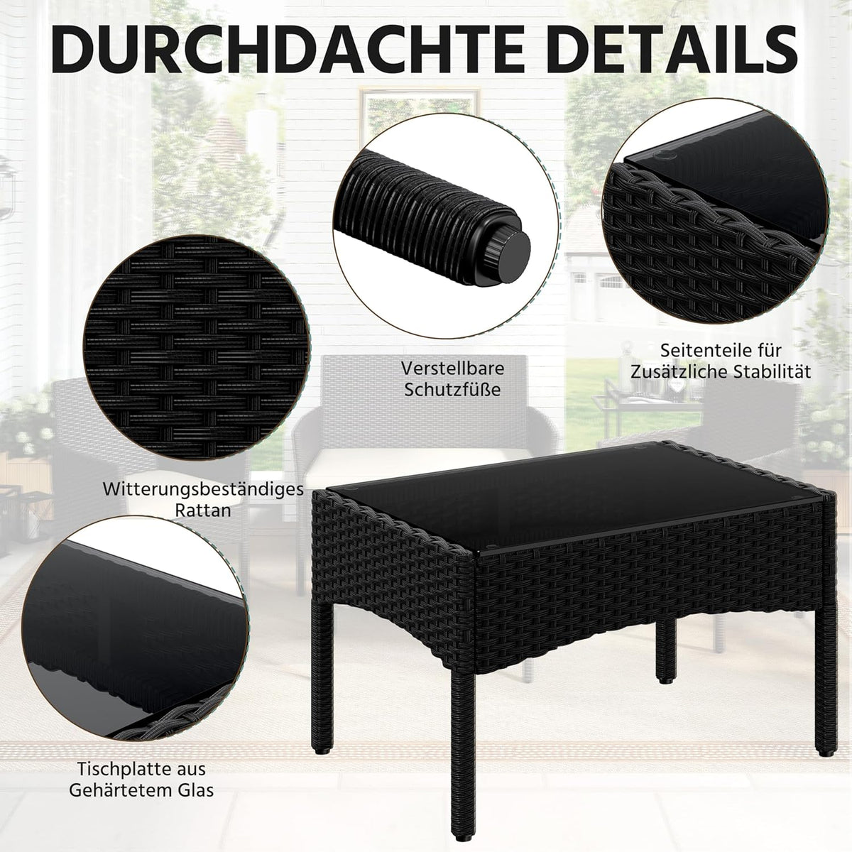 Yaheetech Set de muebles de jardín de 4 piezas, conjunto de muebles de balcón de poliratán para exterior con sofá de 2 plazas, 2 sillas, mesa y cojines para terraza/balcón/jardín, negro y gris