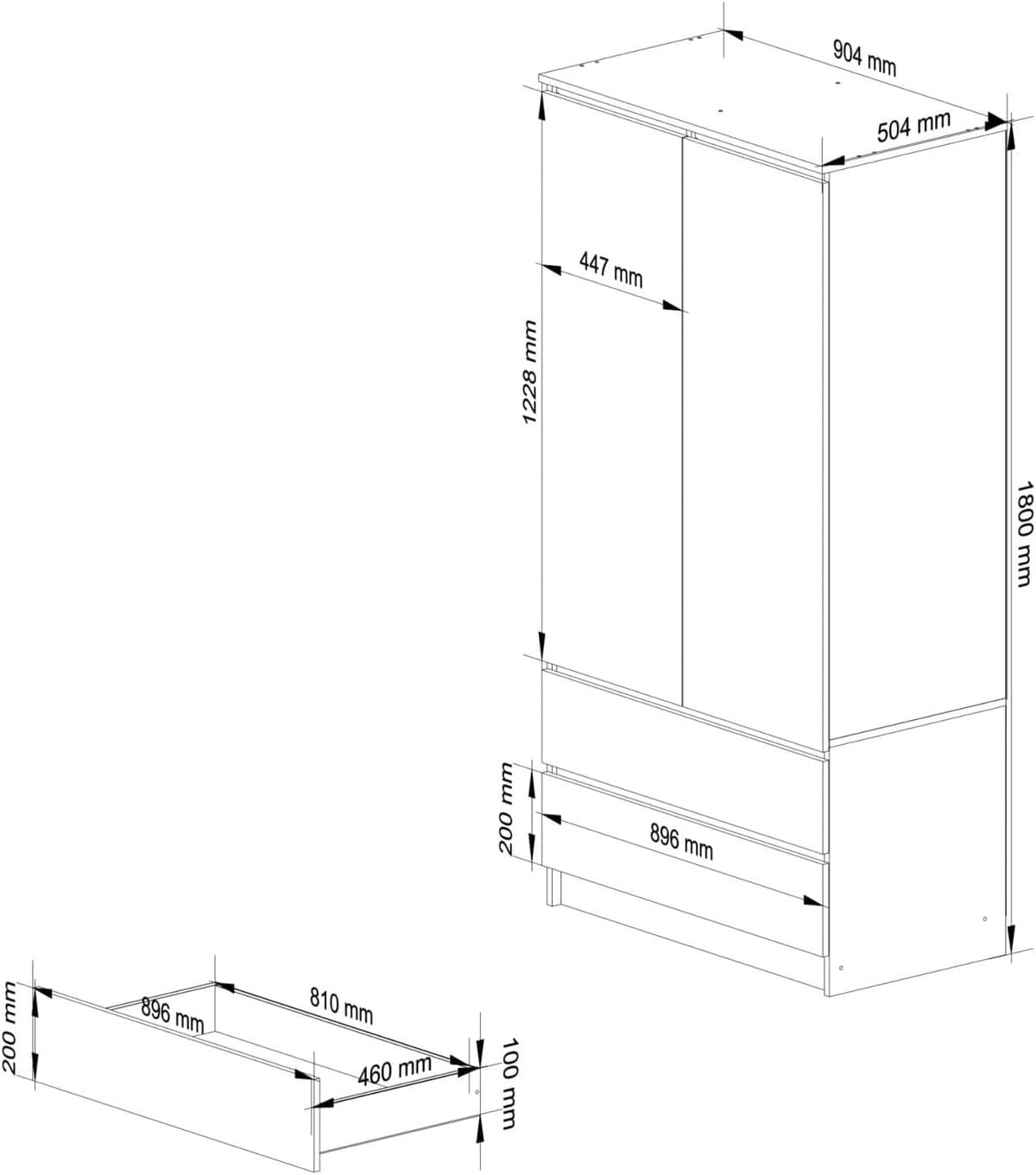 Armario de dos puertas AKORD S 90 cm, 2 cajones con estantes y una barra para colgar ropa, para dormitorio, armarios de estilo minimalista, tablero laminado de 16 mm, color blanco/sonoma