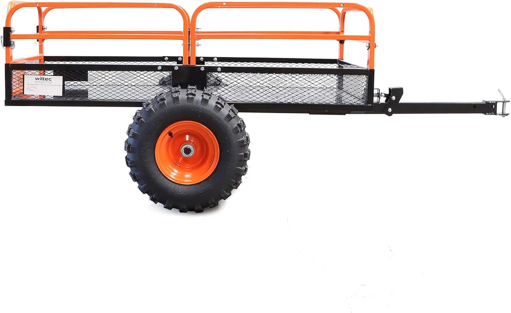 Remolque basculante Wiltec de hasta 680 kg para tractor cortacésped, remolque volquete de 216 x 122 x 76,2 cm con rejilla y paredes laterales extraíbles, remolque con función de vuelco