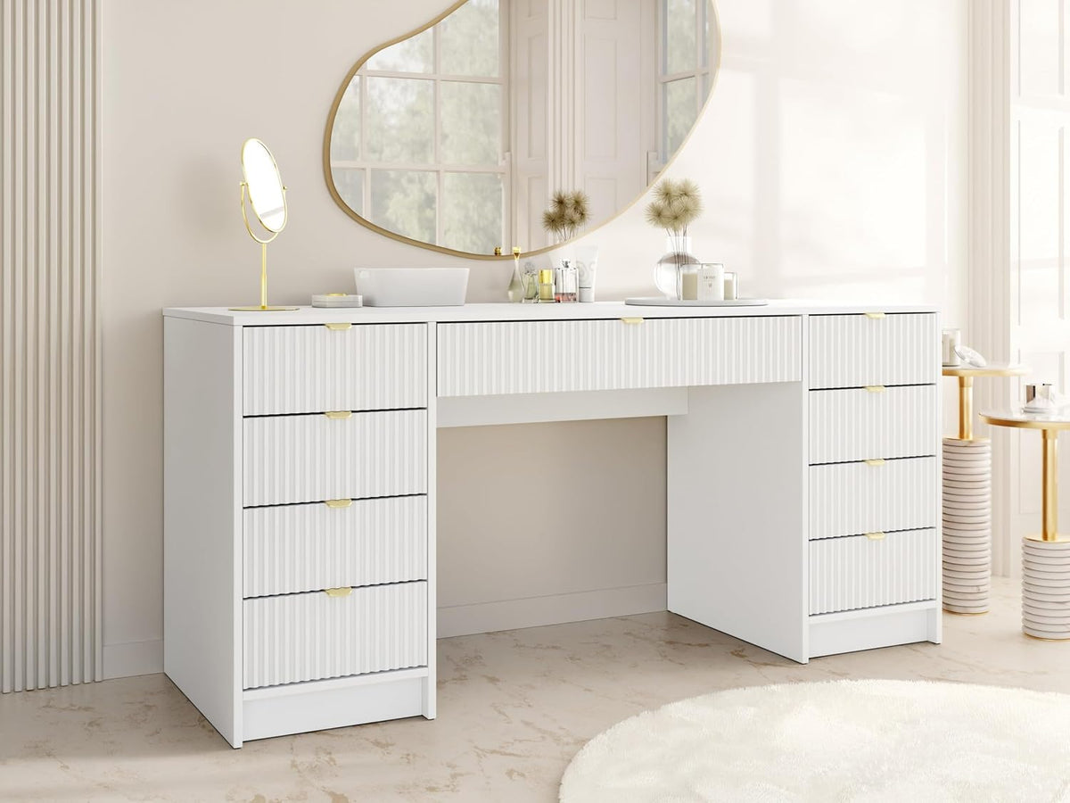 Escritorio Mirjan24 Tireno Bis, 9 cajones con frentes acanalados, escritorio para estudiantes, mesa de ordenador, escritorio infantil, mesa de trabajo, mesa para PC, habitación juvenil, habitación infantil (blanco velvet)
