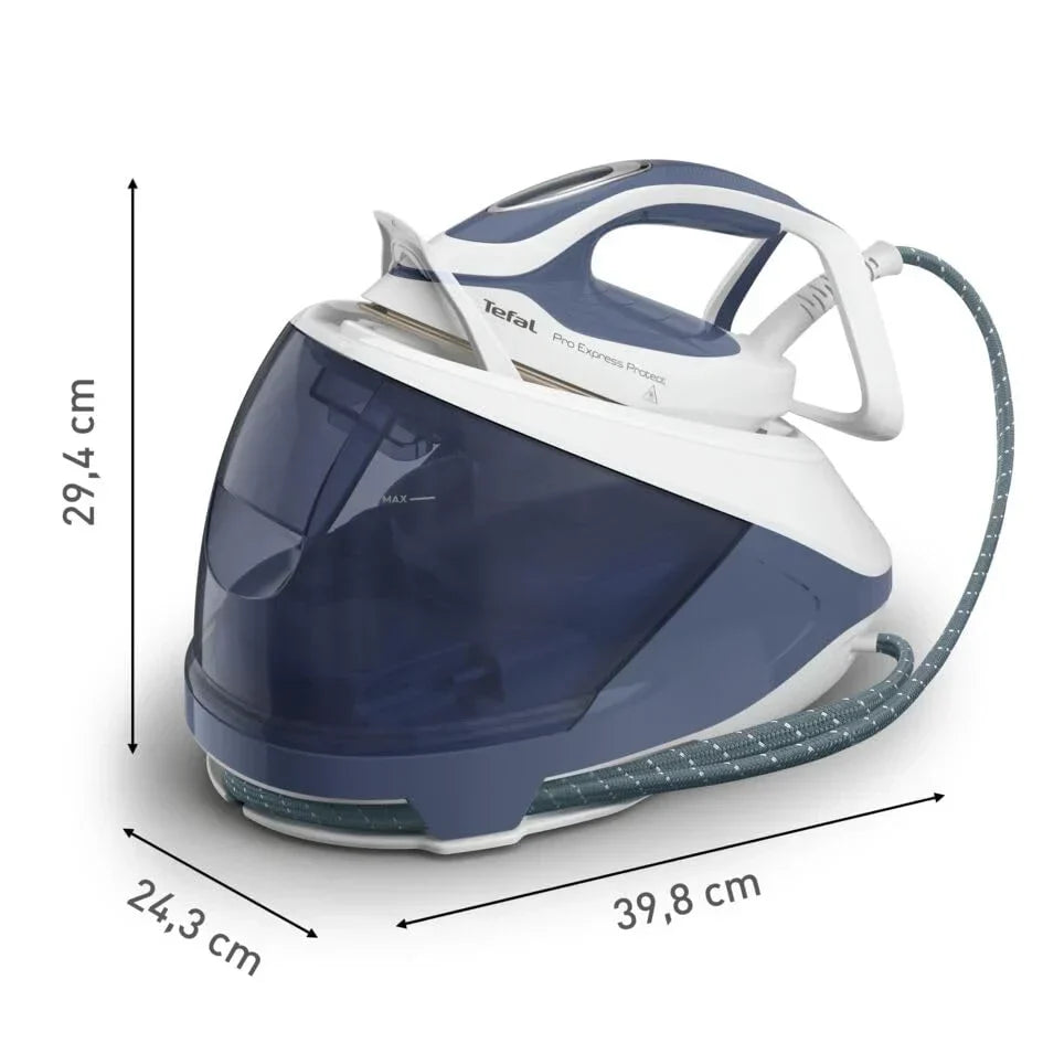 Centro de planchado Tefal Pro Express Protect 7,6 bares, 140 g/min, golpe de vapor 550 g/min, antical, azul grisáceo/blanco GV9225