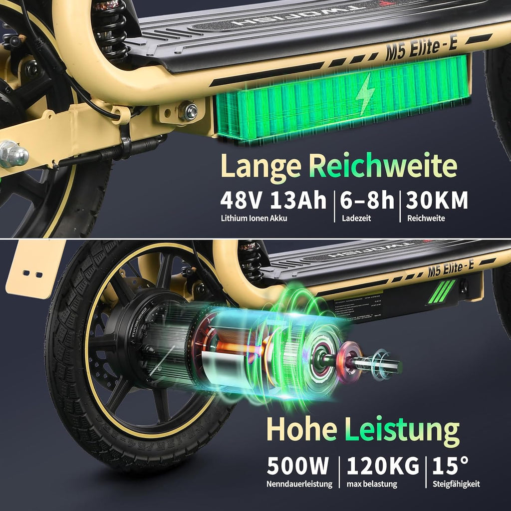 Patinete eléctrico TWOFISH M5 Elite con homologación para carretera para adultos, patinete eléctrico de 14 pulgadas con motor de 500W y batería de 48V 13Ah, doble suspensión, certificado EEC, IPX4, 30 km de autonomía