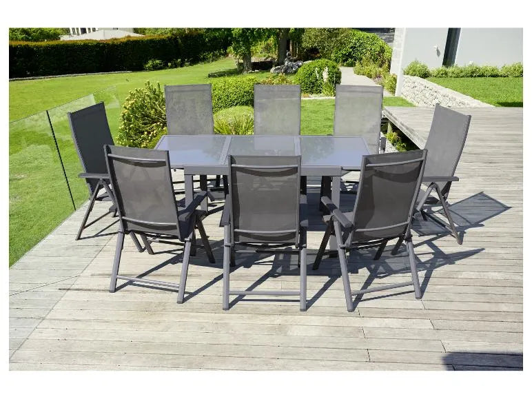 Conjunto de aluminio "Houston", 9 piezas: mesa extensible y 8 sillas de respaldo alto, gris