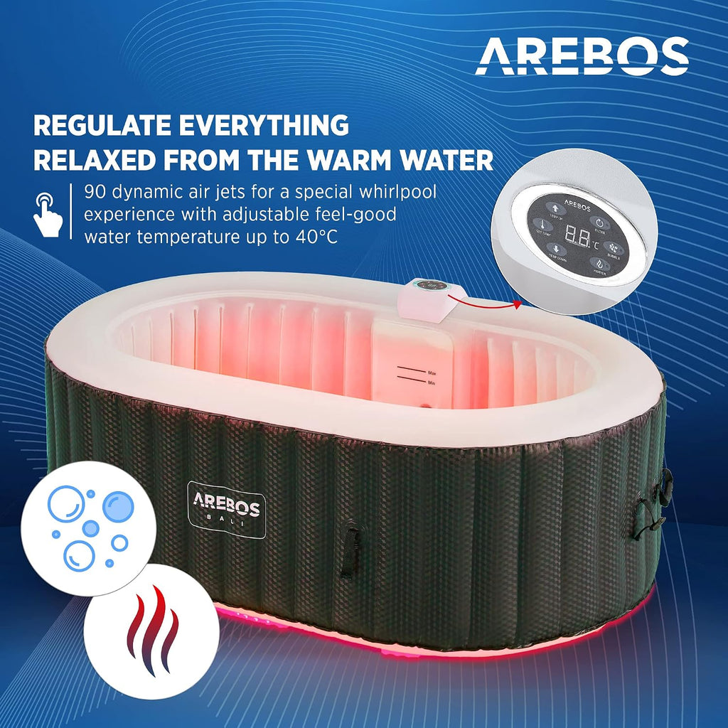 Jacuzzi Arebos con iluminación LED | Inflable | Interior y exterior | 190x120 cm ovalado | 2 personas | 90 boquillas de masaje | con calefacción | 550 litros | Incl. cubierta | Bubble Spa y masaje de bienestar