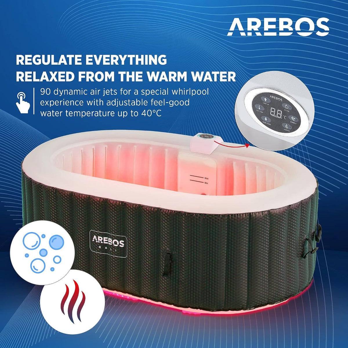Jacuzzi Arebos con iluminación LED | Inflable | Interior y exterior | 190x120 cm ovalado | 2 personas | 90 boquillas de masaje | con calefacción | 550 litros | Incl. cubierta | Bubble Spa y masaje de bienestar