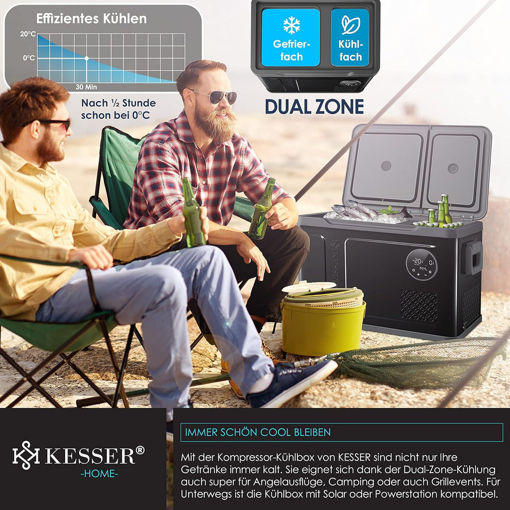 Nevera portátil con compresor KESSER 2 en 1 de doble zona, refrigeración y congelador eléctrico con 2 acumuladores de frío y panel táctil LED | Refrigerador con enfriamiento hasta -20 °C para camping, coche, camión 12/24V 230V