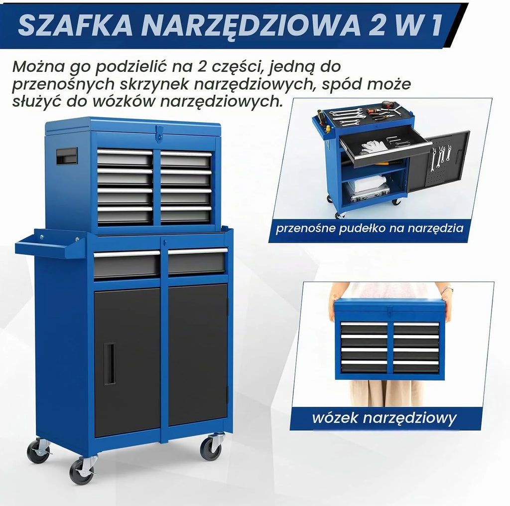 GOPLUS Metalowa szafka narzędziowa 2 w 1, wózek narzędziowy z kółkami, skrzynka narzędziowa, 5 szuflad, haki, regulowana półka i antypoślizgowa podszewka do warsztatu garażowego (niebieski)