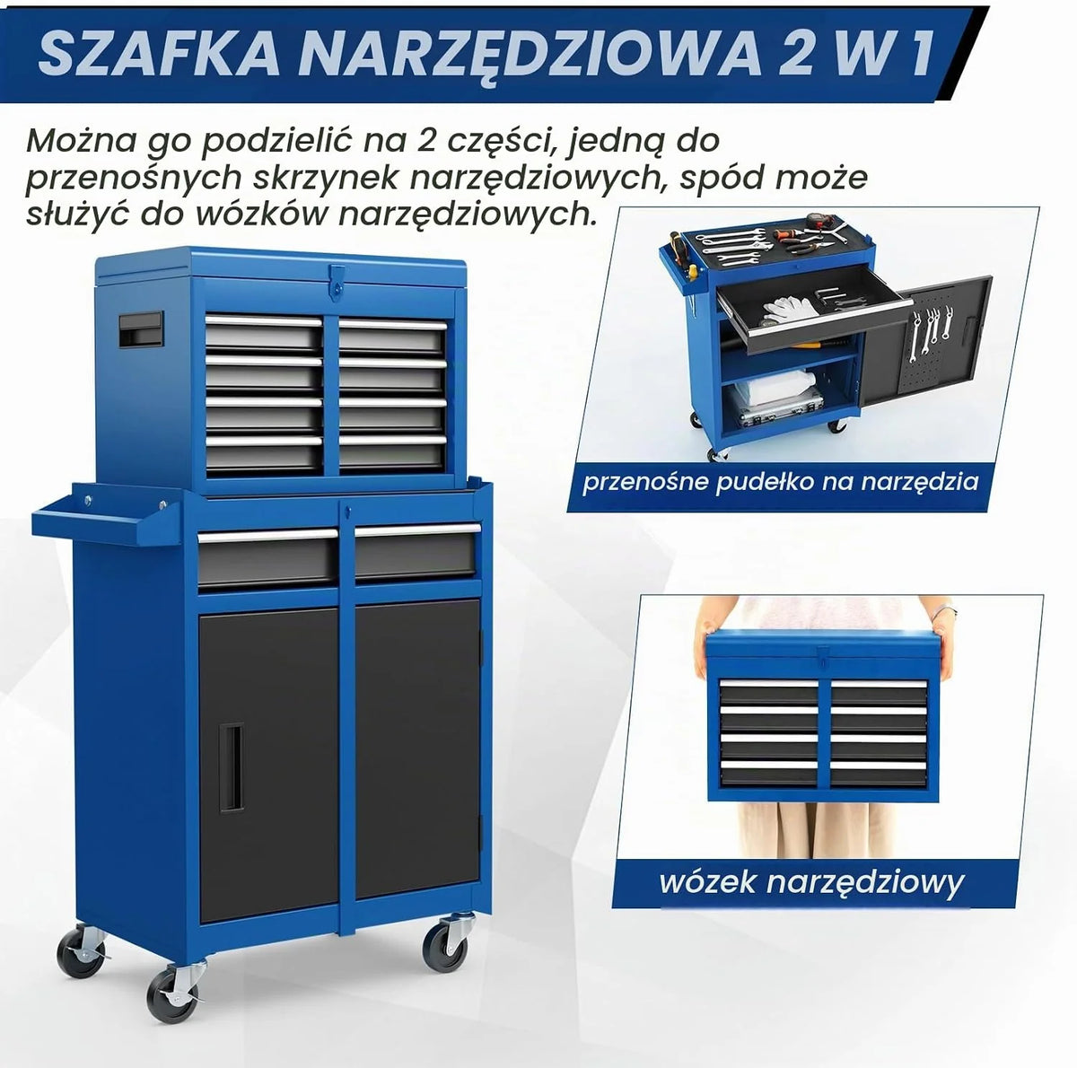 GOPLUS Metalowa szafka narzędziowa 2 w 1, wózek narzędziowy z kółkami, skrzynka narzędziowa, 5 szuflad, haki, regulowana półka i antypoślizgowa podszewka do warsztatu garażowego (niebieski)
