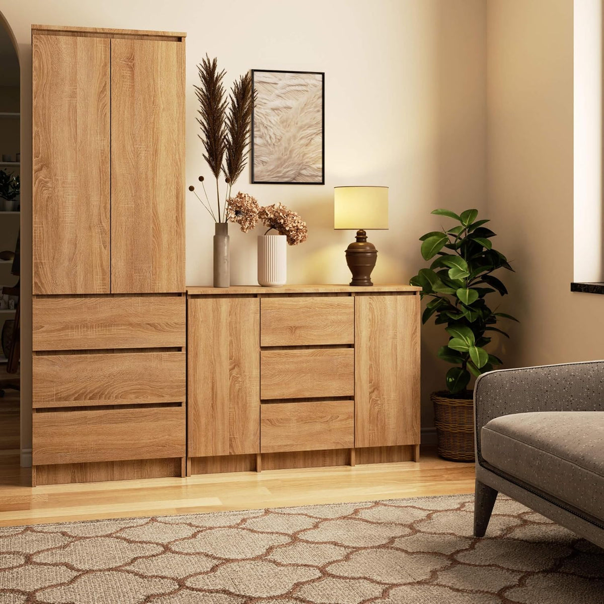 Cómoda AKORD K100 con 3 cajones, armario con 2 puertas y 4 estantes, para salón o dormitorio, moderna, tablero laminado de 16 mm, A101xH76xP35 cm, color roble Sonoma y roble Sonoma