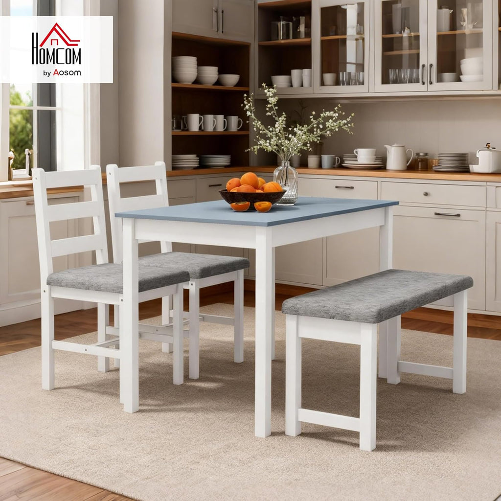 HOMCOM Juego de comedor con mesa, 2 sillas y 1 banco, conjunto de comedor de madera maciza que ahorra espacio, con cojines, set de mesa de cocina para comedor y cocina, gris y blanco
