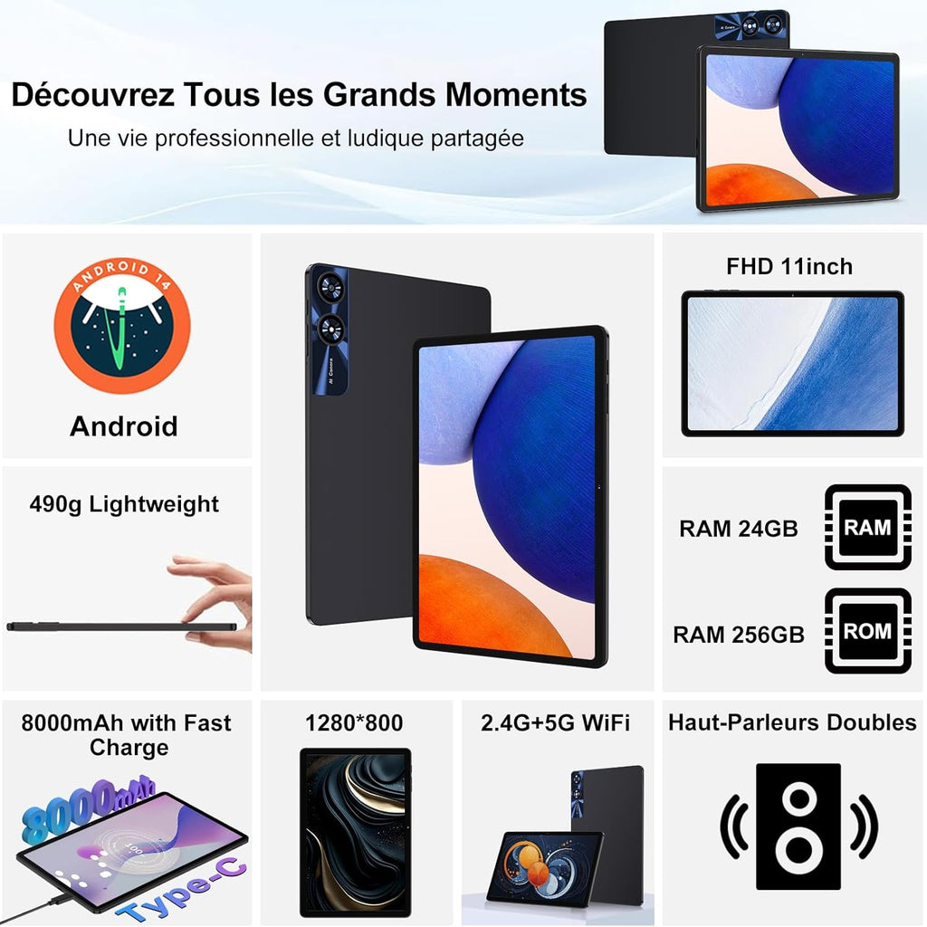 Tableta Android de 11 pulgadas con 24 GB de RAM y 256 GB de ROM (TF/2 TB), procesador Octa-Core de 2,0 GHz, WiFi 2,4G/5G, Bluetooth 5.0, Widevine L1, 8000 mAh, 5 MP + 13 MP, FHD 1280 x 800 píxeles, pantalla táctil con funda - Negro
