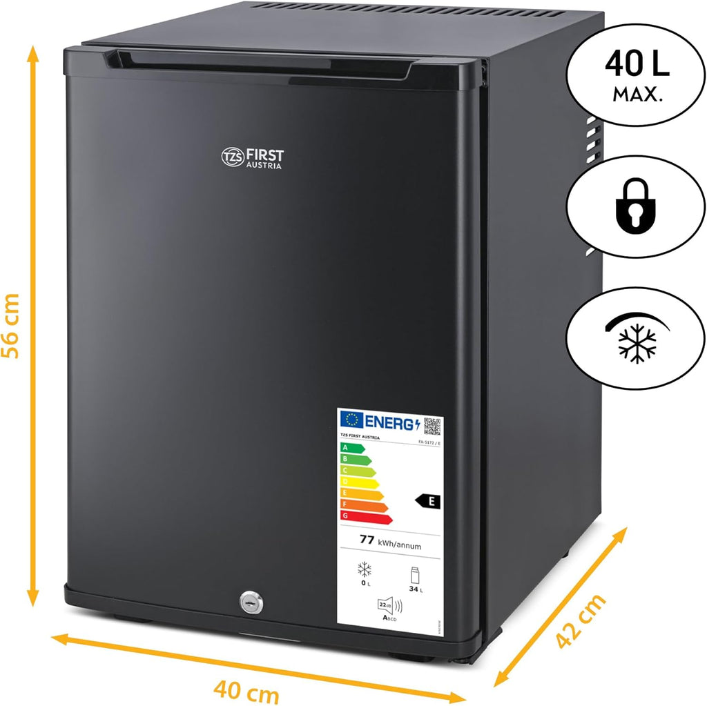 TZS First Austria - Mininevera 40L silenciosa y con cerradura - Mininevera pequeña, sentido de apertura de puerta reversible e iluminación interior - Minibar para camping, oficina, dormitorio y hotel - Negro mate