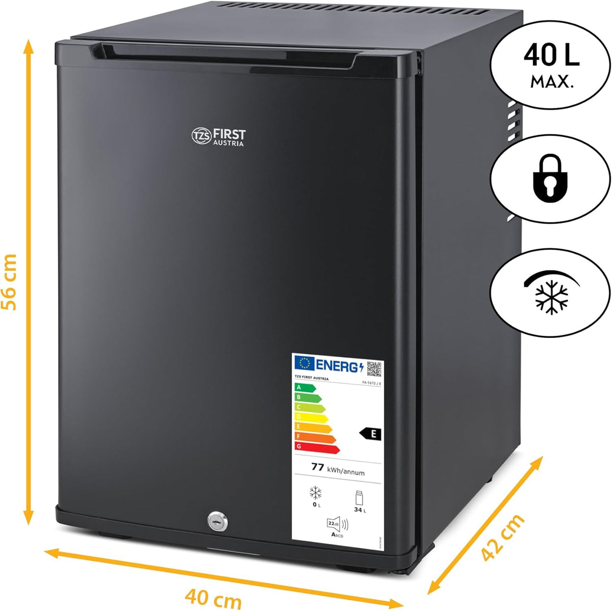 TZS First Austria - Mininevera 40L silenciosa y con cerradura - Mininevera pequeña, sentido de apertura de puerta reversible e iluminación interior - Minibar para camping, oficina, dormitorio y hotel - Negro mate
