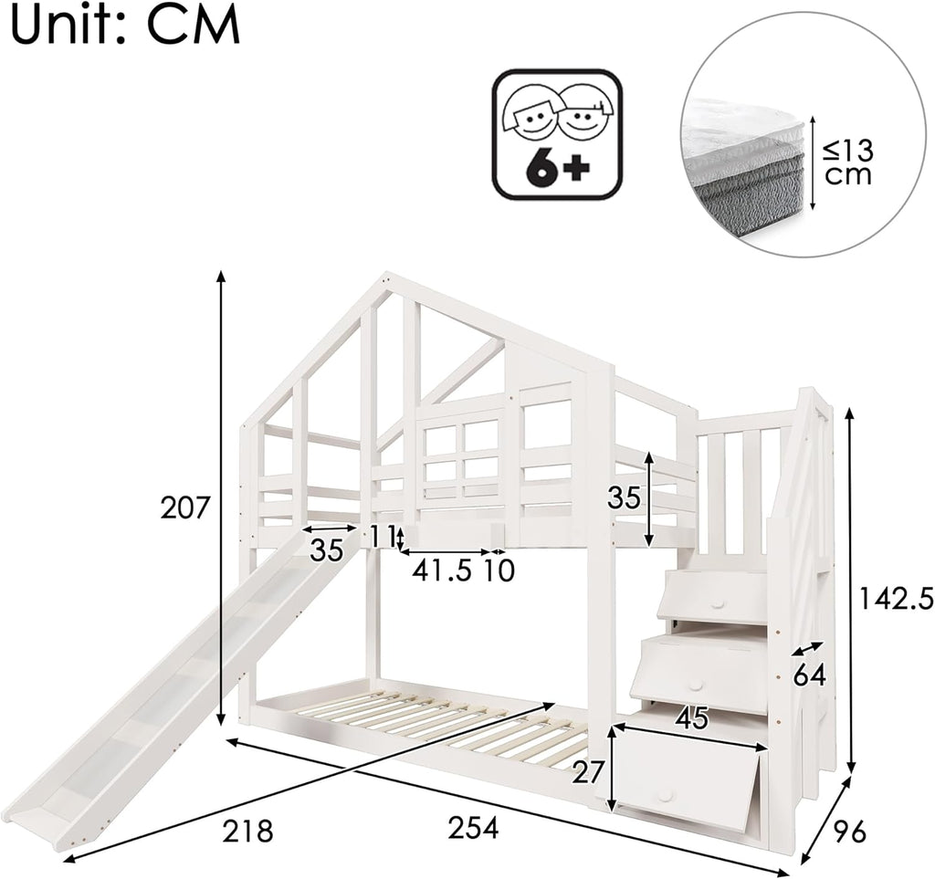 Cama alta infantil Mrwoo de 90 x 200 cm con diseño de casa del árbol, litera para niños estilo ventana con tobogán y protección anticaídas, escalera con almacenaje integrado, somier, blanco (sin colchón)