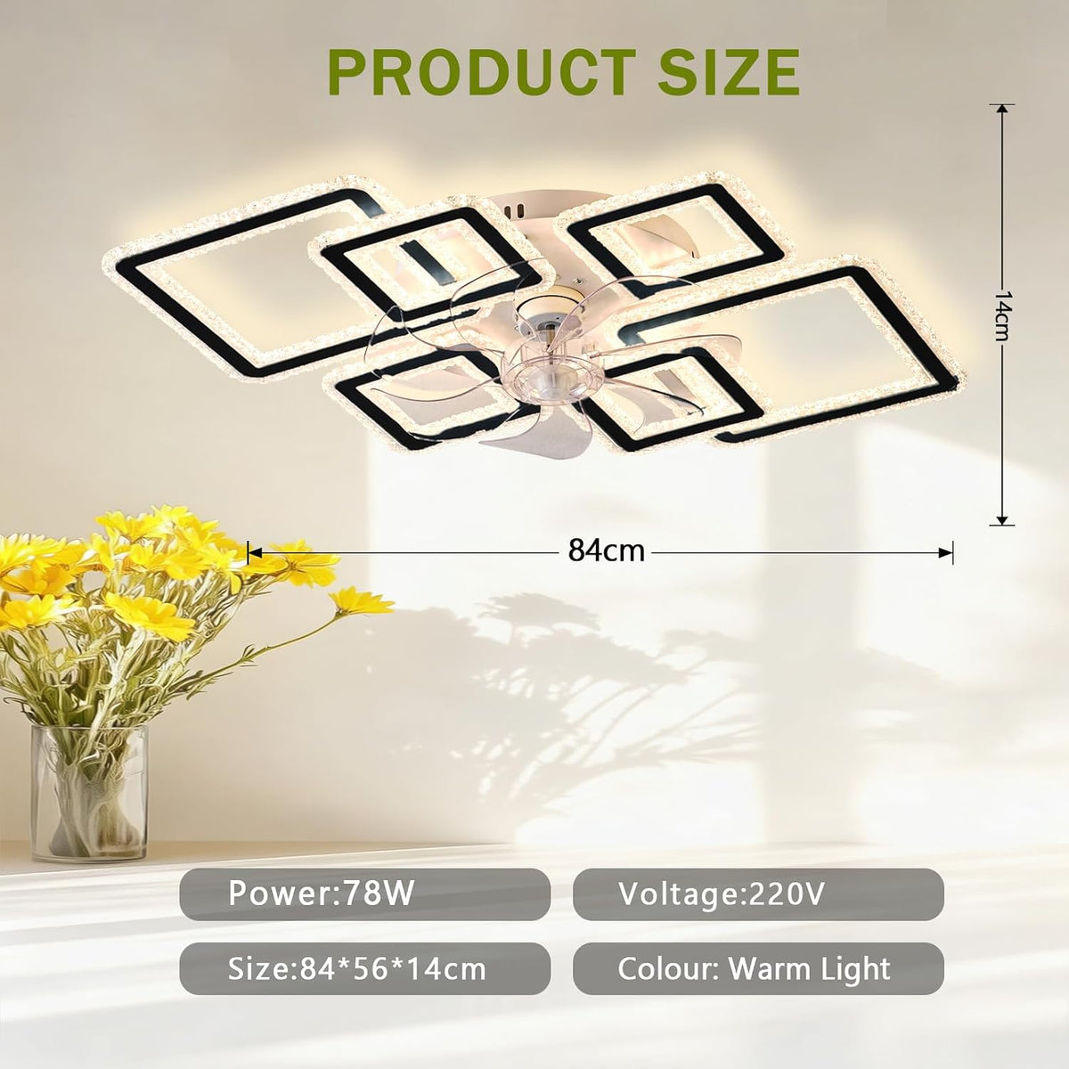 Lámpara con ventilador y mando a distancia, ventilador con luz inteligente moderno de 84 cm, 6 velocidades y LED regulable de 3000k-6500k, ventilador de techo silencioso para dormitorio, sala de estar, comedor, despacho, negro