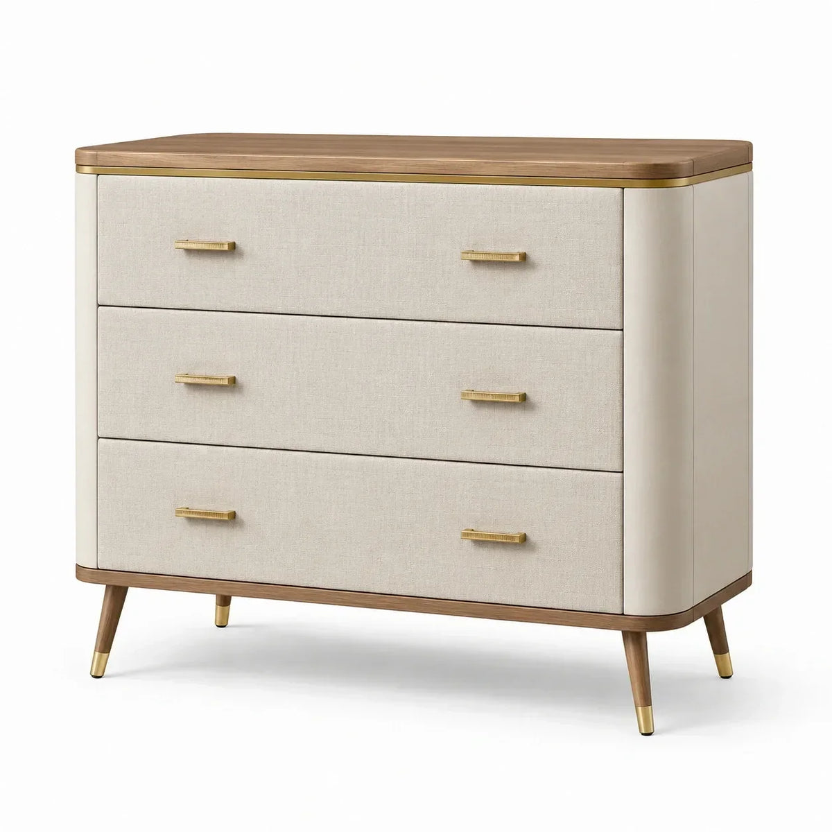 Cómoda de madera con revestimiento de lino, 3 cajones, beige