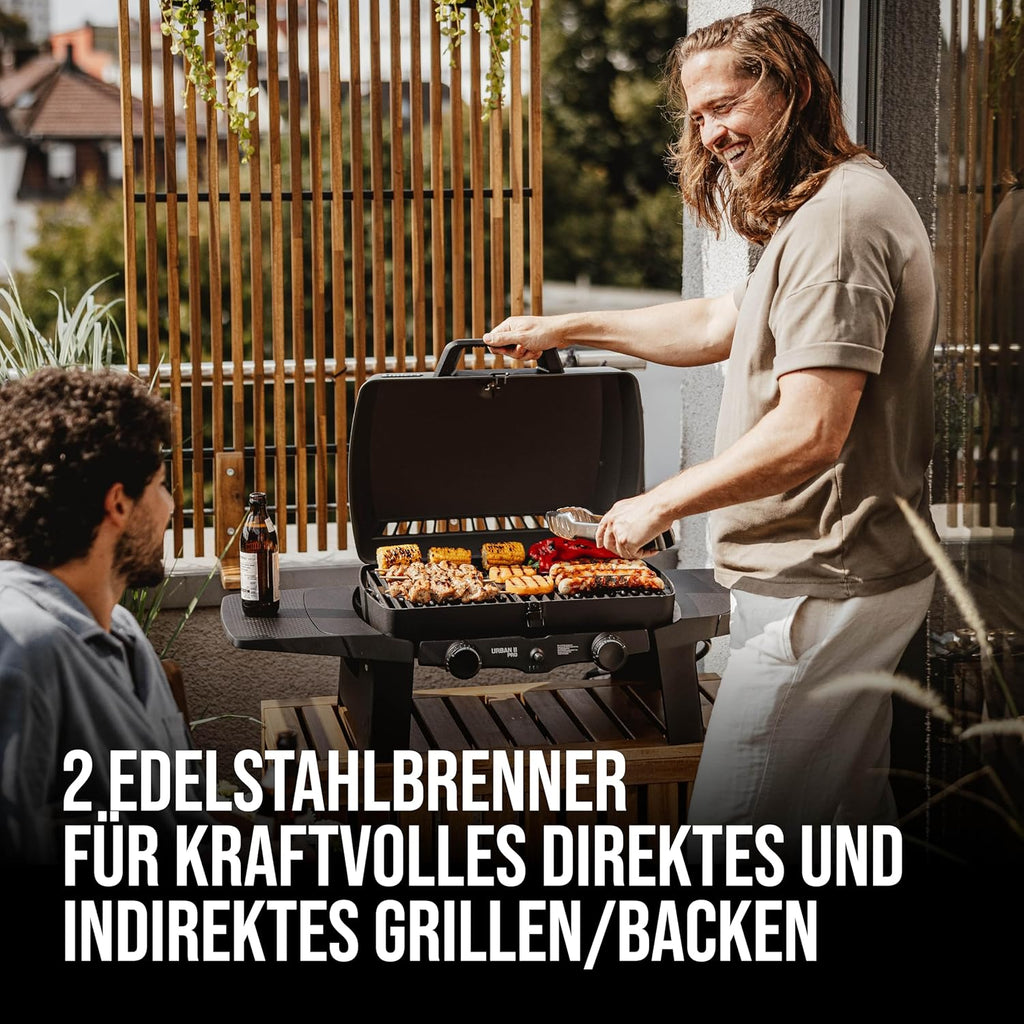 EndersGasgrill Urban II Pro, parrilla de mesa, función de asado, cocción y horneado, 2 quemadores de acero inoxidable, con termómetro para parrilla, parrilla para balcón y camping, carcasa de aluminio fundido, rejilla de hierro fundido, #2062