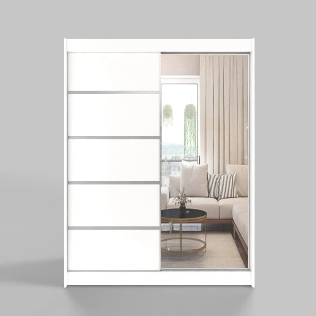 ML Furniture L3 szafa na ubrania z drzwiami przesuwnymi 120 cm z lustrem – meble do sypialni, do przechowywania – szafka wielofunkcyjna – kolor: biały
