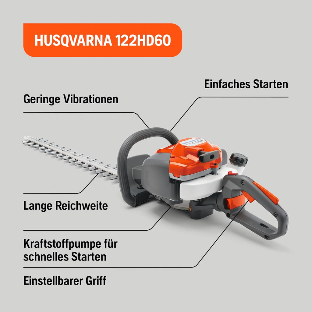 Cortasetos de gasolina Husqvarna 122HD60: motor de 21,7 cm³, cuchilla de doble acción de 59 cm, reducción de vibraciones LowVib®, tecnología Smart Start®, empuñadura trasera ajustable