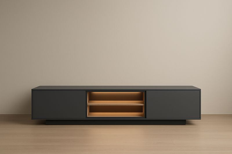 Mueble de TV de madera MDF negro y roble 180x40x50 cm