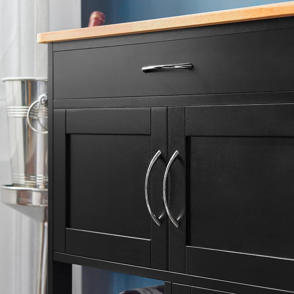 SoBuy Carrito de servicio con ruedas, carrito de cocina con encimera, carrito auxiliar con cajones, botellero, isla de cocina, estante de cocina de pie, mueble para cocina, comedor y exterior, negro, 67x86x38 cm, FKW45-SCH