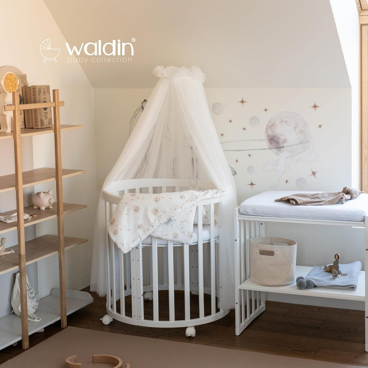 Cuna ovalada evolutiva Waldin, set completo 7 en 1, cuna de barrotes, cama infantil con colchón, cambiador, cuna colecho, madera blanca