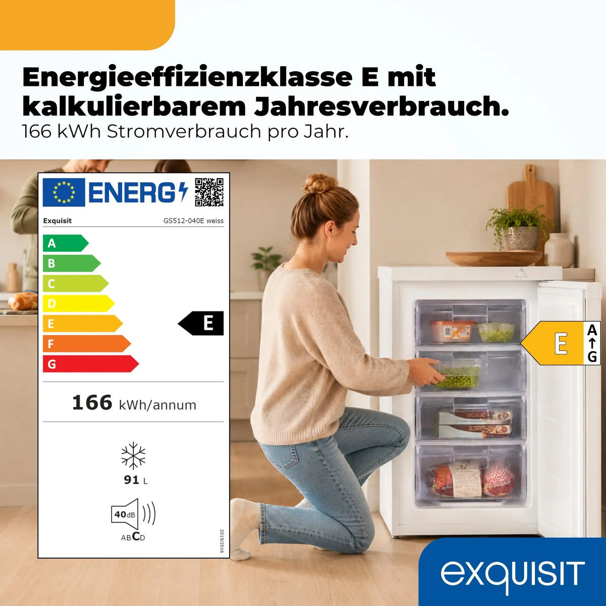 Congelador Exquisit GS512040E 91 l blanco, 4 estrellas, 4 cajones, 40 dB silencioso, puerta reversible, clase energética E