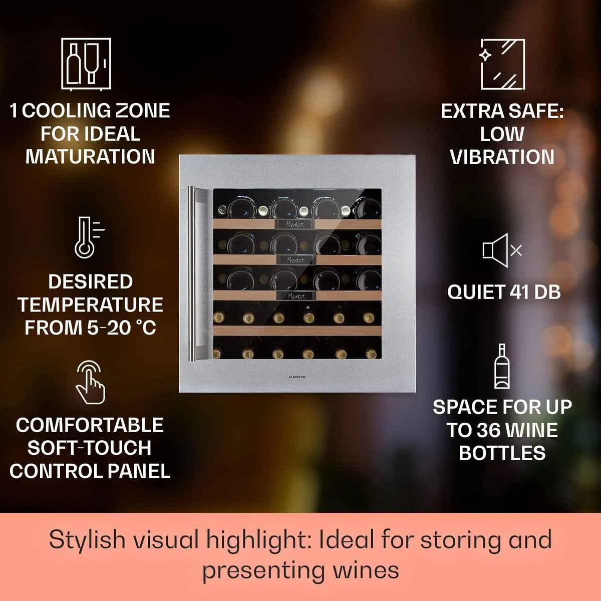 Klarstein Chłodziarka do wina do zabudowy, Mała wąska lodówka na napoje, 1 strefa, chłodziarka ze szklanymi drzwiami, Beersafe Indoor/Outdoor, Mała lodówka z ochroną UV, 5-20°C, 36 butelek