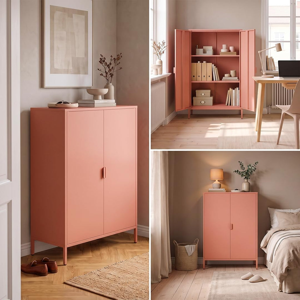 Cómoda de metal Ituri skølm – Armario de metal con 3 estantes ajustables – Aparador de salón color terracota – Armario de almacenamiento de acero – Mueble alto de diseño industrial – Armario de oficina/recibidor