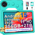 Tableta Android 15 de 2026 con funda protectora de silicona EVA, 24 GB + 256 GB/2 TB, tableta de 11 pulgadas octa-core, Gemini AI/Widevine L1, 8000 mAh, 13 MP + 5 MP, carcasa metálica, tableta grande para niños - Verde