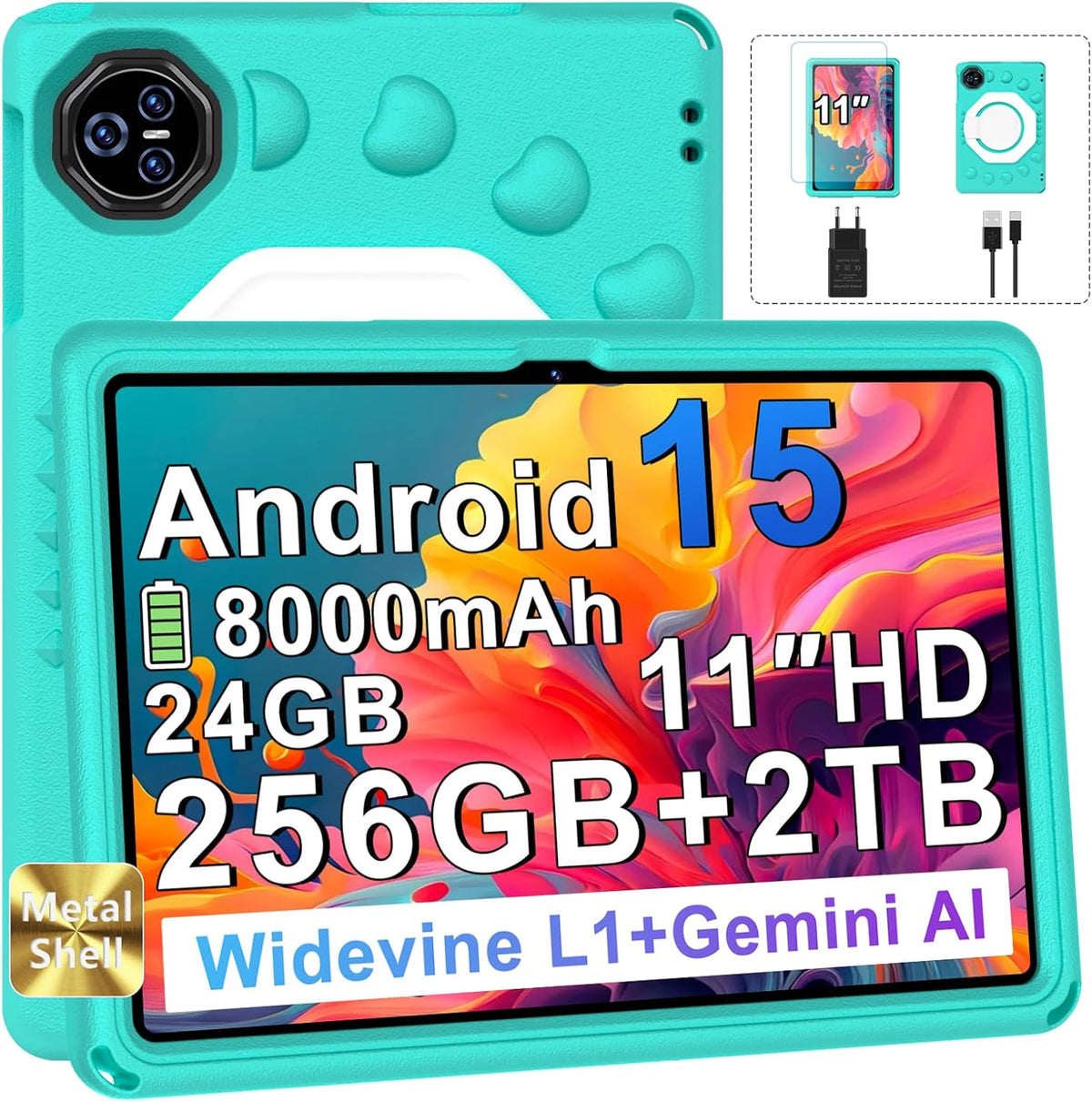 Tableta Android 15 de 2026 con funda protectora de silicona EVA, 24 GB + 256 GB/2 TB, tableta de 11 pulgadas octa-core, Gemini AI/Widevine L1, 8000 mAh, 13 MP + 5 MP, carcasa metálica, tableta grande para niños - Verde