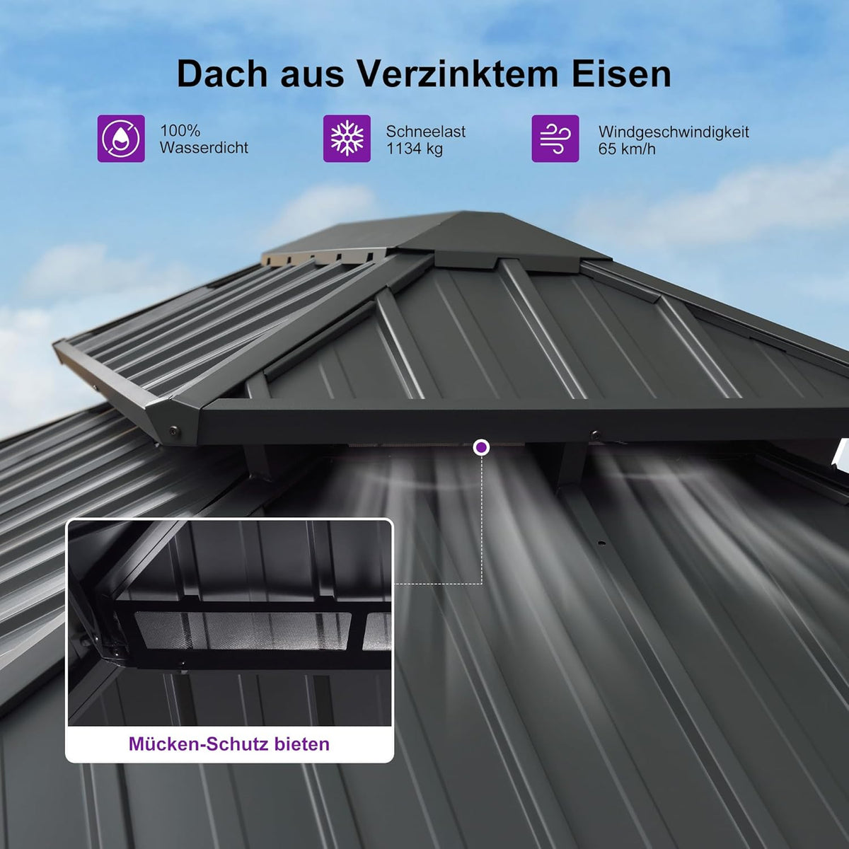 PURPLE LEAF Gazebo de jardín 3,65 x 4,25 m, pabellón de aluminio impermeable, estable y resistente al invierno, cenador con techo rígido de acero, 14,6 m², 24 luces LED, gris