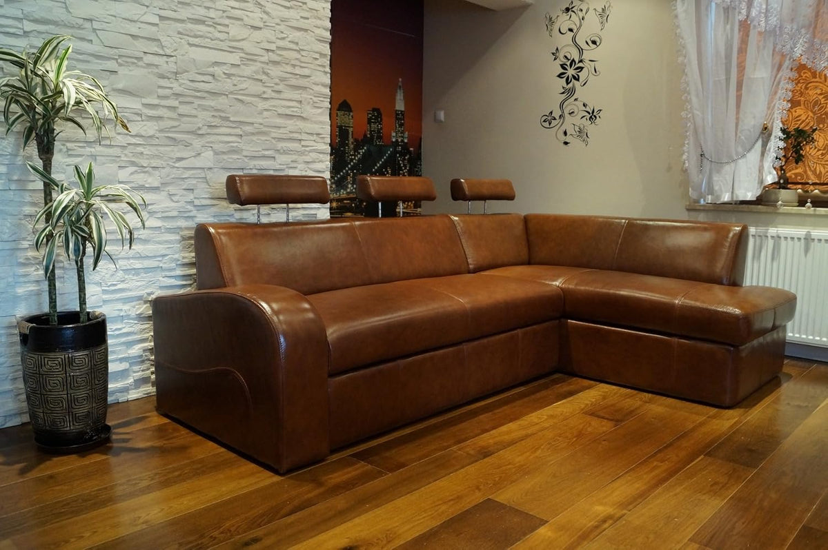 Sofá esquinero de piel auténtica Antalya II 3 plazas 245 x 164 cm con función de cama, arcón y reposacabezas, sofá en esquina de cuero auténtico marrón antiguo 3000