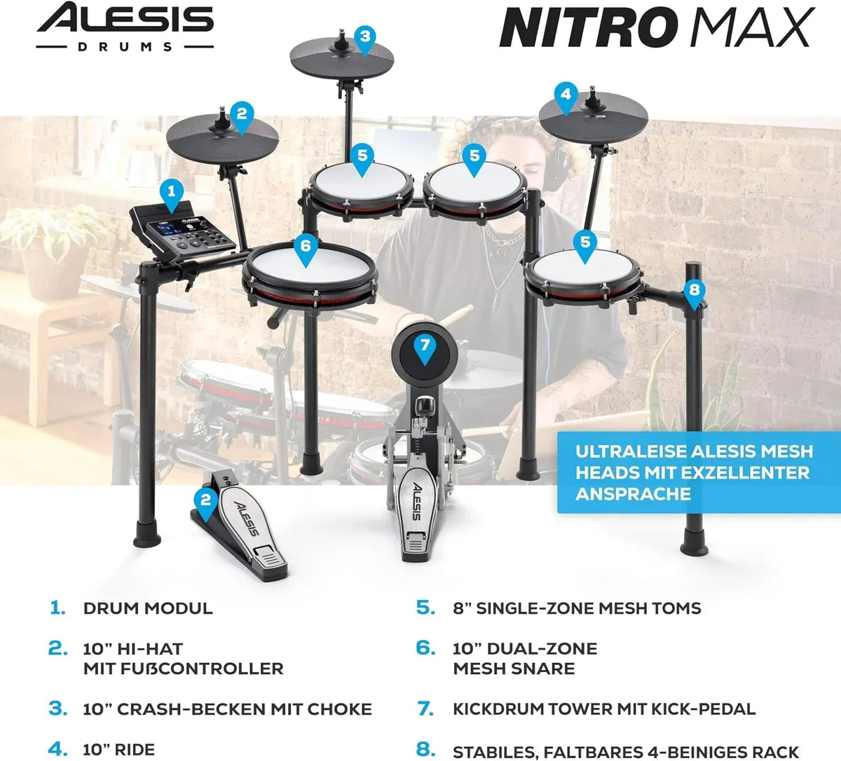 Batería electrónica de 8 piezas Nitro Max Kit, caja de 10 pulgadas de doble zona con parches de malla, Bluetooth, USB MIDI, más de 440 sonidos