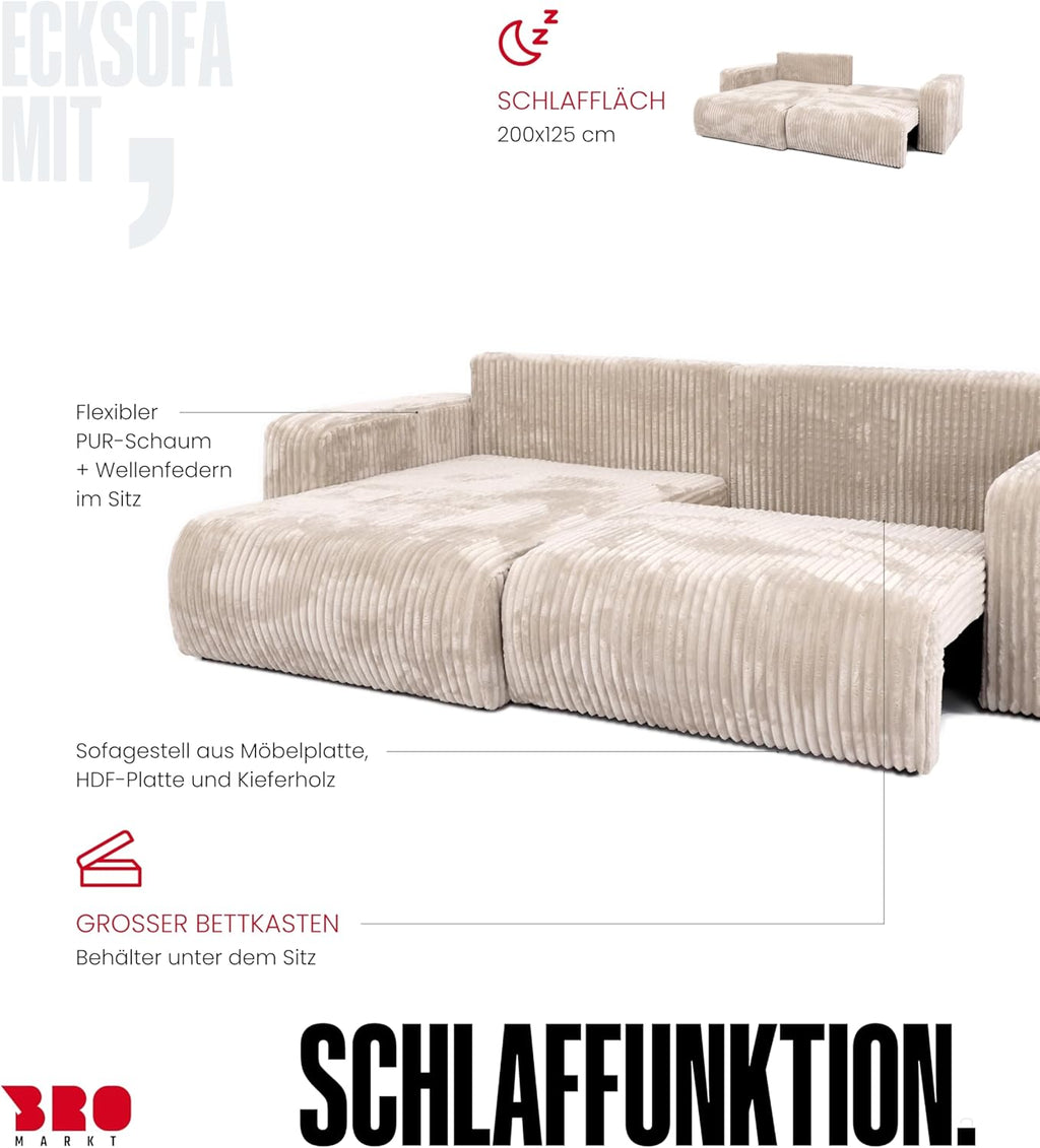BROMARKT Sofá esquinero con función cama color crema, sofá en forma de L de tela de pana con arcón, sofá cama para salón con espacio de almacenamiento, sofá esquinero de 3 plazas, conjunto de salón 244x148x82 cm TILIO