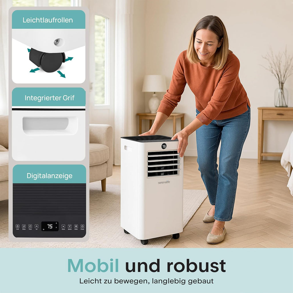 SereneLife Mobile Klimaanlage 9000BTU mit Abluftschlauch, 4-in-1 Klimagerät mit WLAN, Kühlen, Heizen Ventilator und Entfeuchter, bis 31 m², 24h Timer, 55dB, Inkl. Fensterkit, für Zuhause, Büro