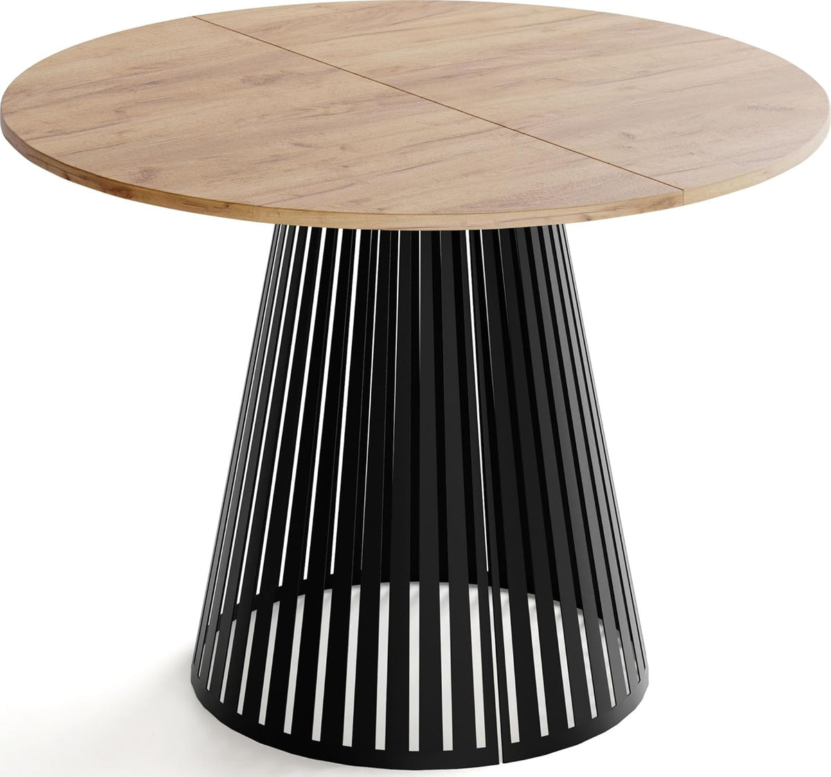 Mesa de comedor redonda extensible WFL GROUP con diseño de listones estilo loft – 100 a 180 cm – Mesa industrial con patas de metal negro, ahorradora de espacio para salón o comedor – Marrón