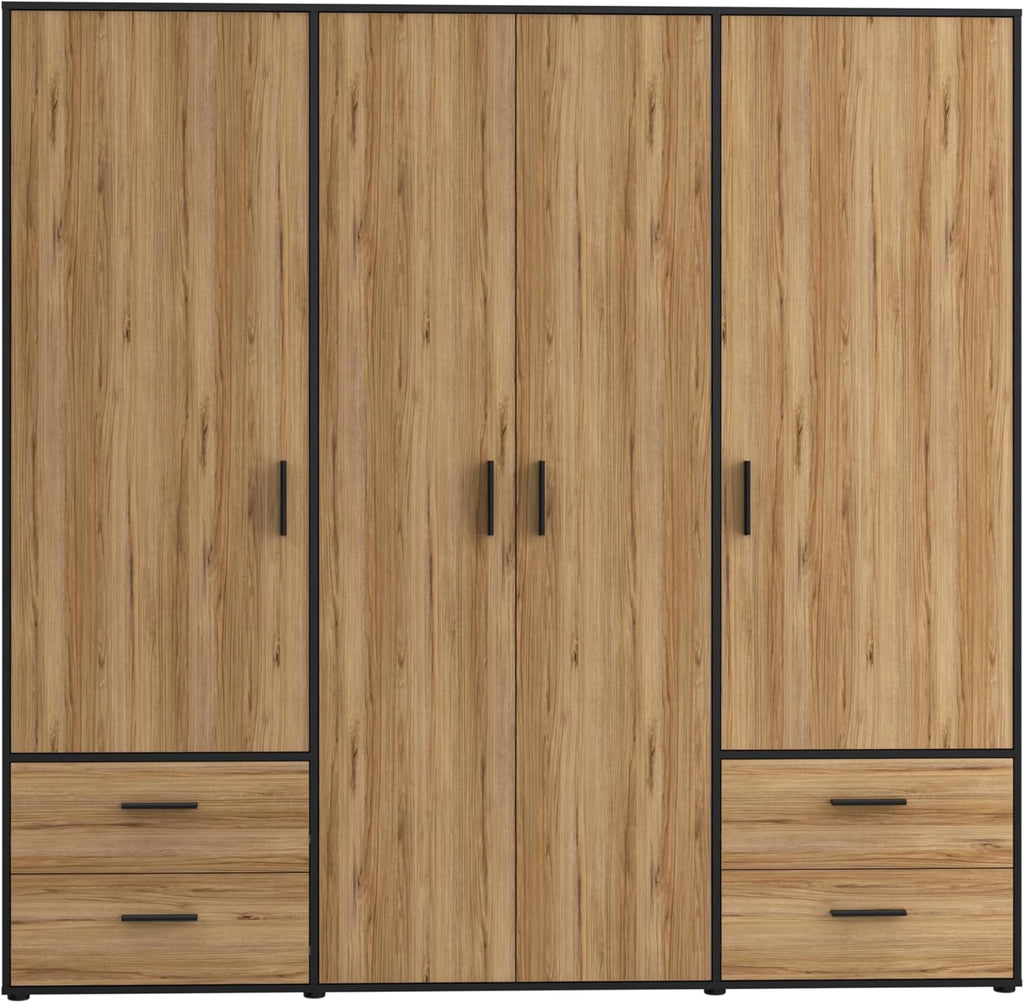 Armario FORTE Jupiter 200 210, armario ropero, armario de puertas batientes, 4 puertas, con 4 cajones y estantes, negro con decoración de madera: roble Catania, 206 cm de ancho x 53 cm de profundidad x 200 cm de alto
