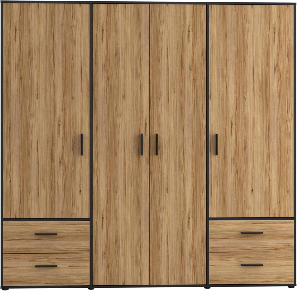 Armario FORTE Jupiter 200 210, armario ropero, armario de puertas batientes, 4 puertas, con 4 cajones y estantes, negro con decoración de madera: roble Catania, 206 cm de ancho x 53 cm de profundidad x 200 cm de alto