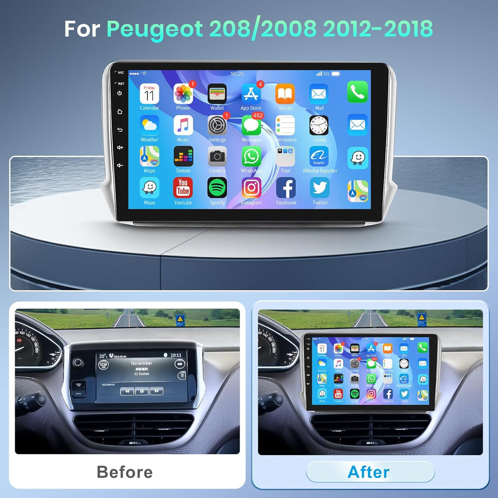Autoradio GPS Android Podofo para Peugeot 208/2008 2012-2018, Navegador para coche con pantalla táctil de 10", WiFi, Bluetooth, FM, RDS, Mirror Link, USB, Radio de coche, Reproductor estéreo de vídeo