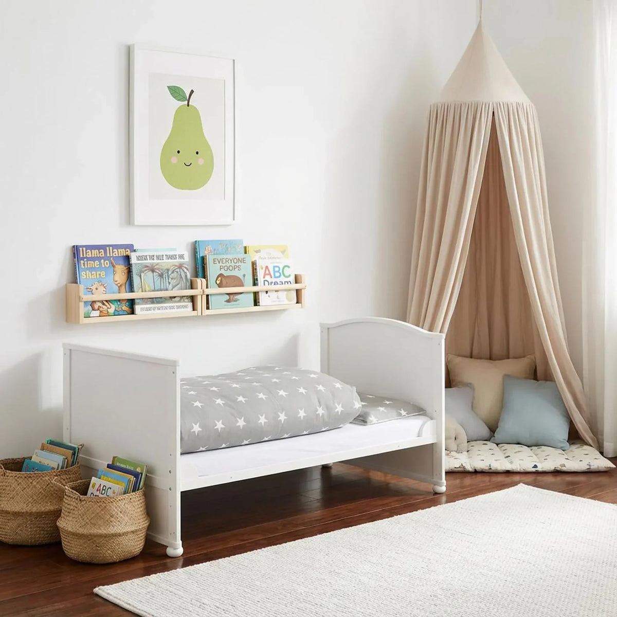 Juego de cuna roba Little Stars 70 x 140 cm, convertible y ajustable en altura, con textiles completos, diseño de estrellas, madera blanca