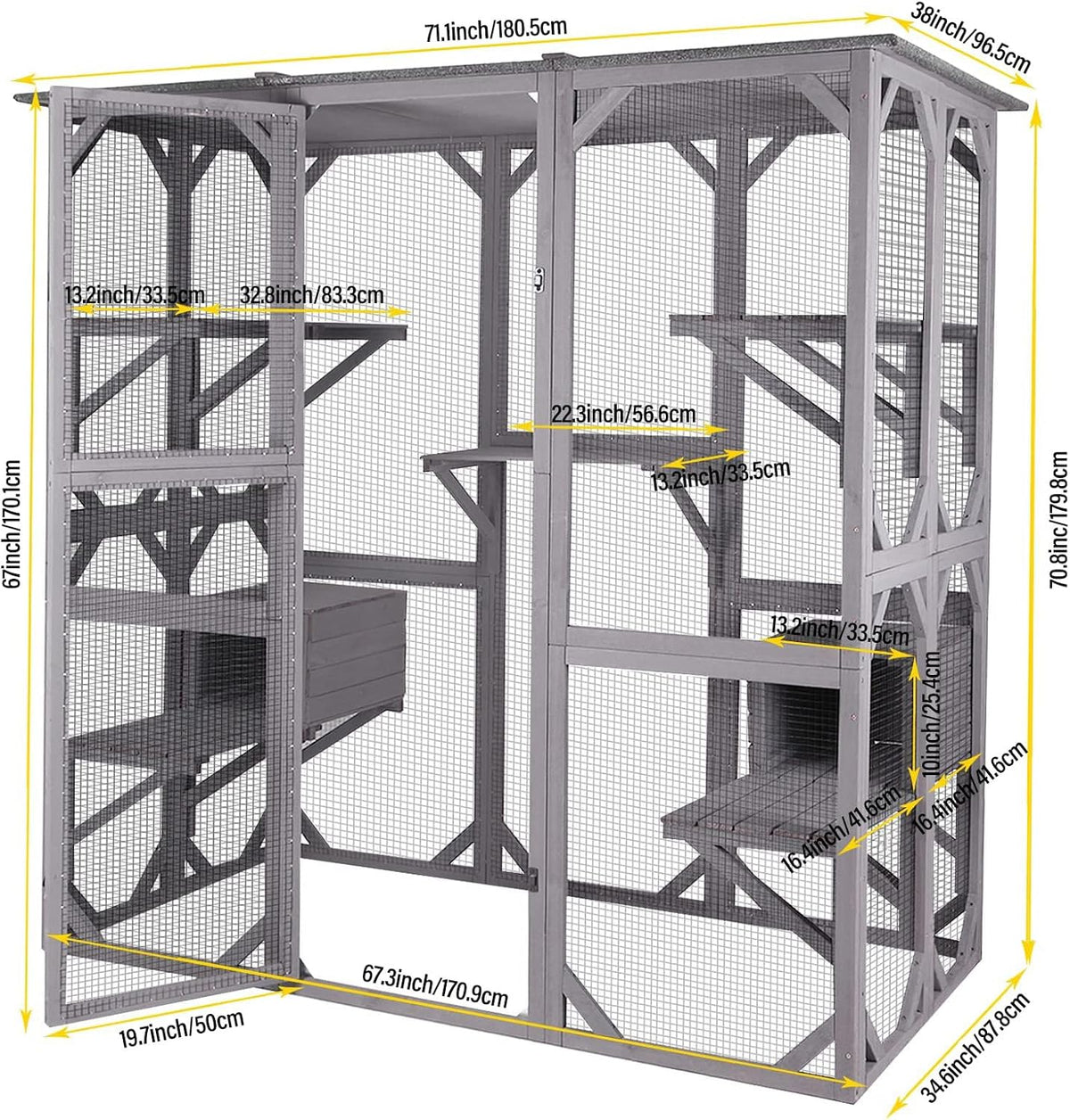 Casa para gatos, recinto exterior para gatos (catio), jaula de madera para gatos, condominio con puerta de entrada extra grande, parque interior con plataformas y casita.