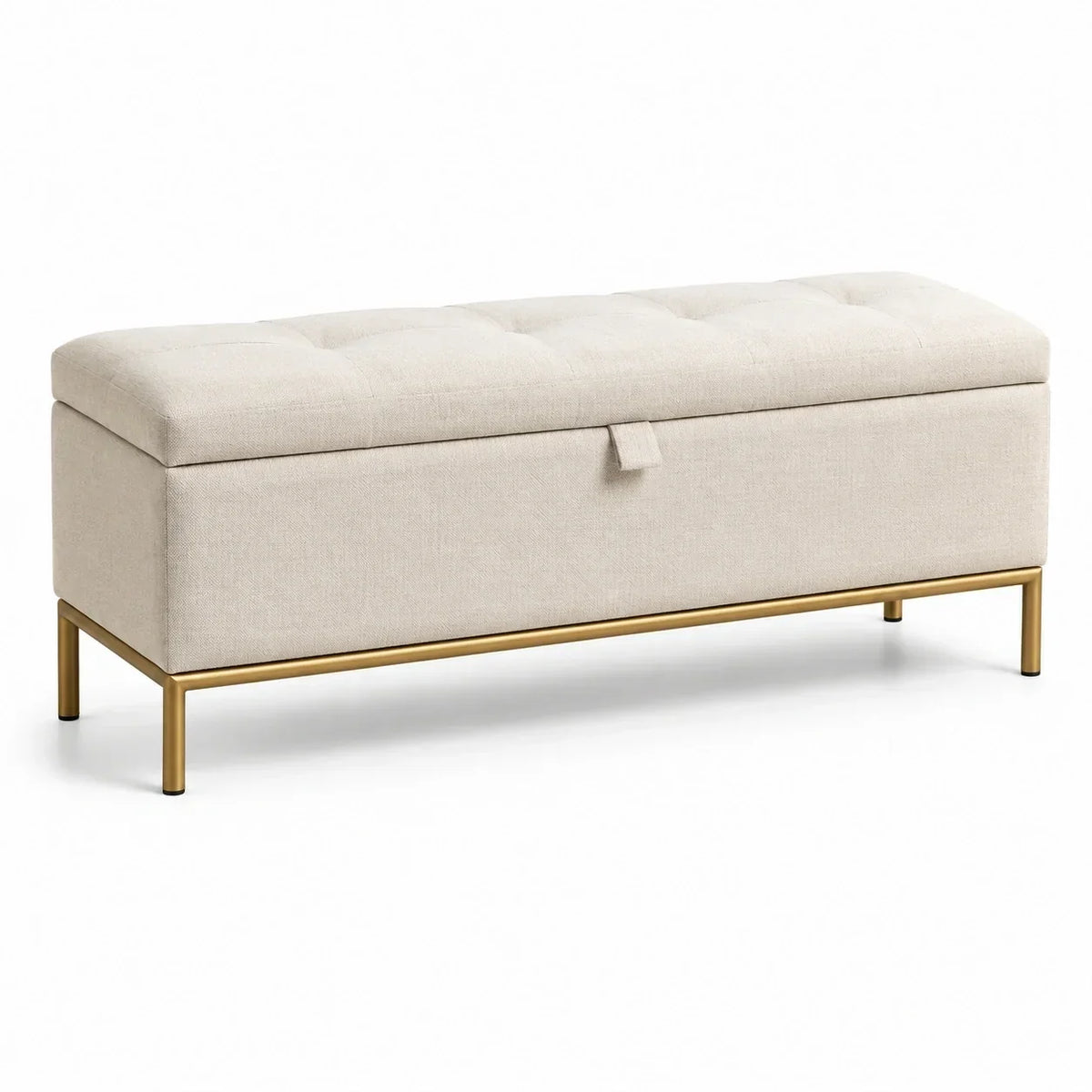 Banco con almacenaje, tela de lino, estructura de metal, beige, 120x40x45 cm