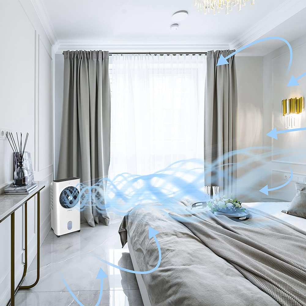 Refrigerador de aire portátil TROTEC PAE 31, climatizador 3 en 1, humidificador y ventilador, depósito de 6 l, capacidad de evaporación de 1,1 l/h, 3 niveles de ventilación, temporizador, modo nocturno